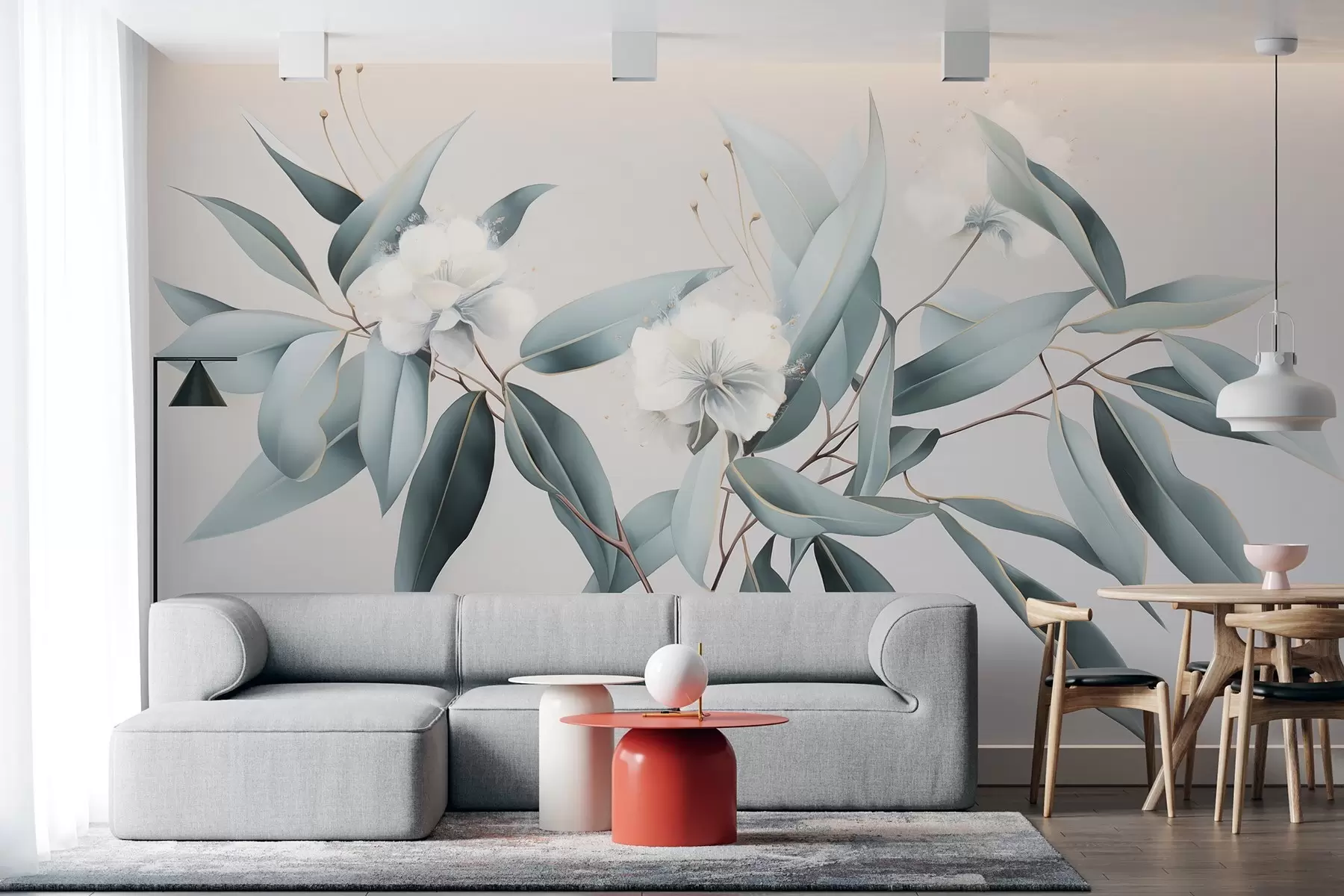 murales de pared Flores de algodón, naturaleza, dibujo acrílico, colores grises suaves w01884