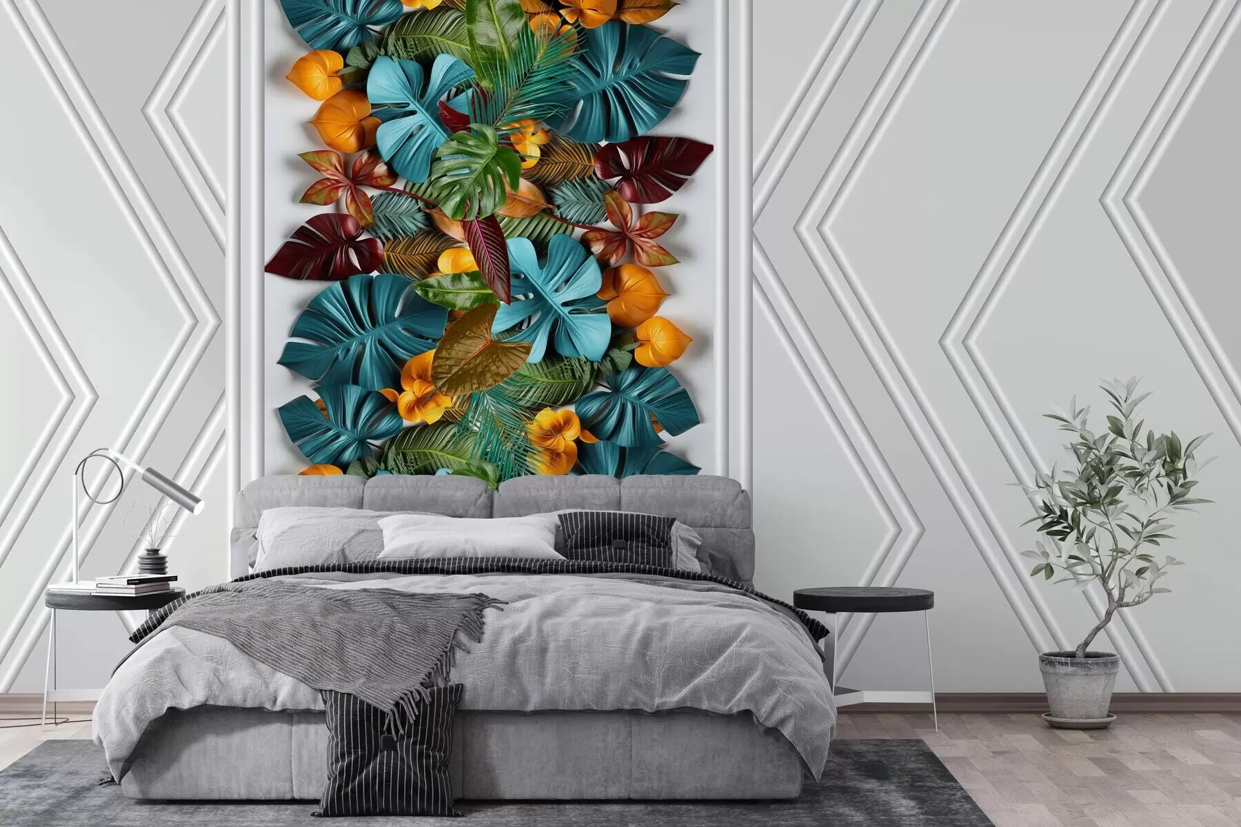murales de pared papel pintado 3D con coloridas hojas tropicales y geometría sobre fondo gris w01876