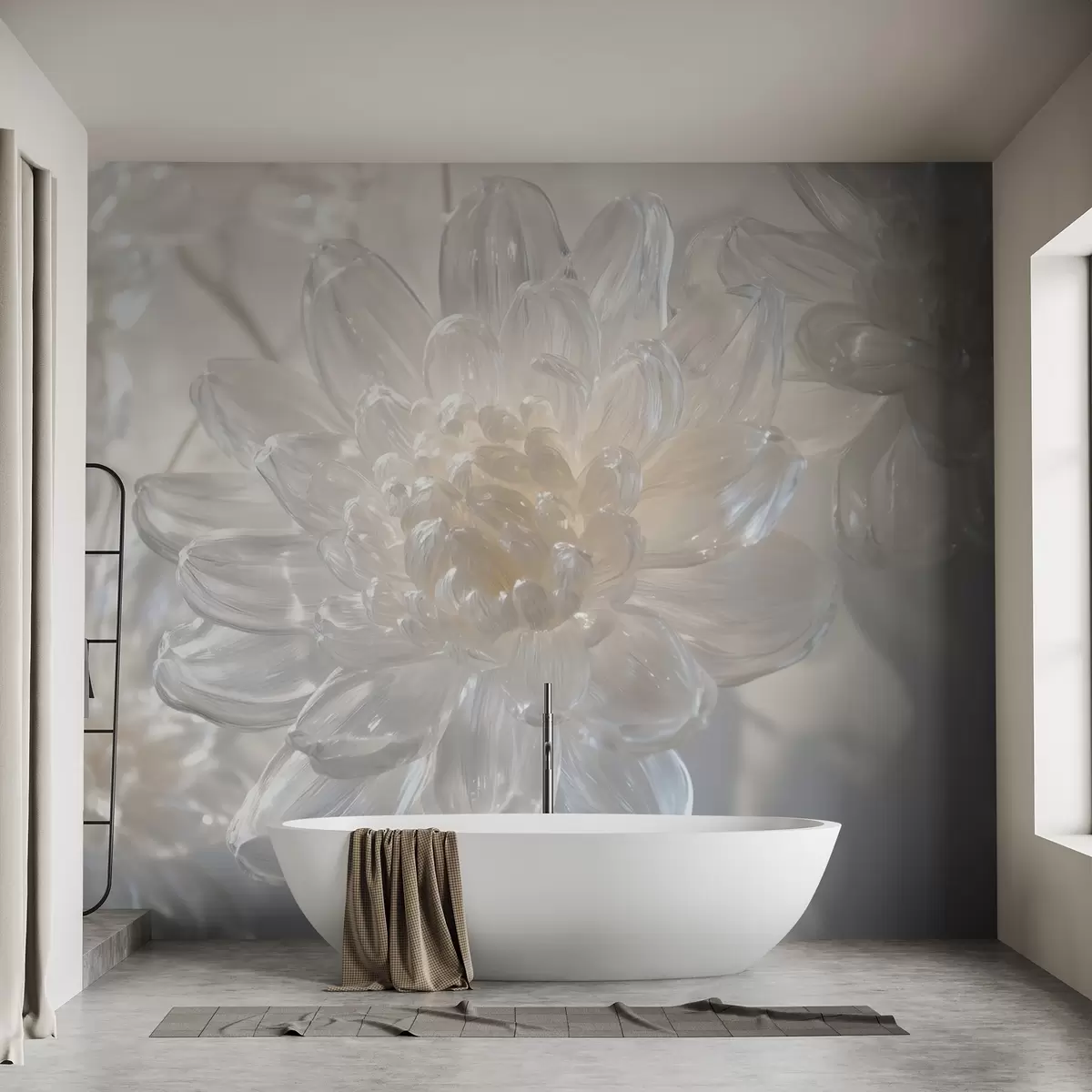 murales de pared Crisantemos silvestres de cristal iluminados con luz blanca, un arreglo floral delicado y vaporoso w01935