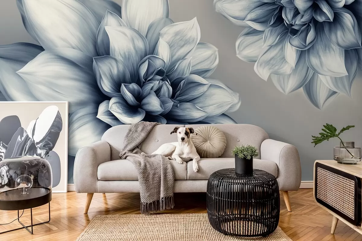 murales de pared Flores voluminosas con muchos pétalos, representadas en gradaciones de tonos grises y azules w01937