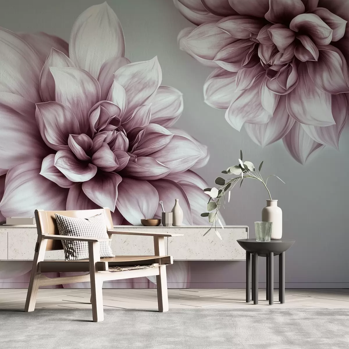 murales de pared Flores voluminosas con muchos pétalos, representadas en gradaciones de tonos rosados w01937v1