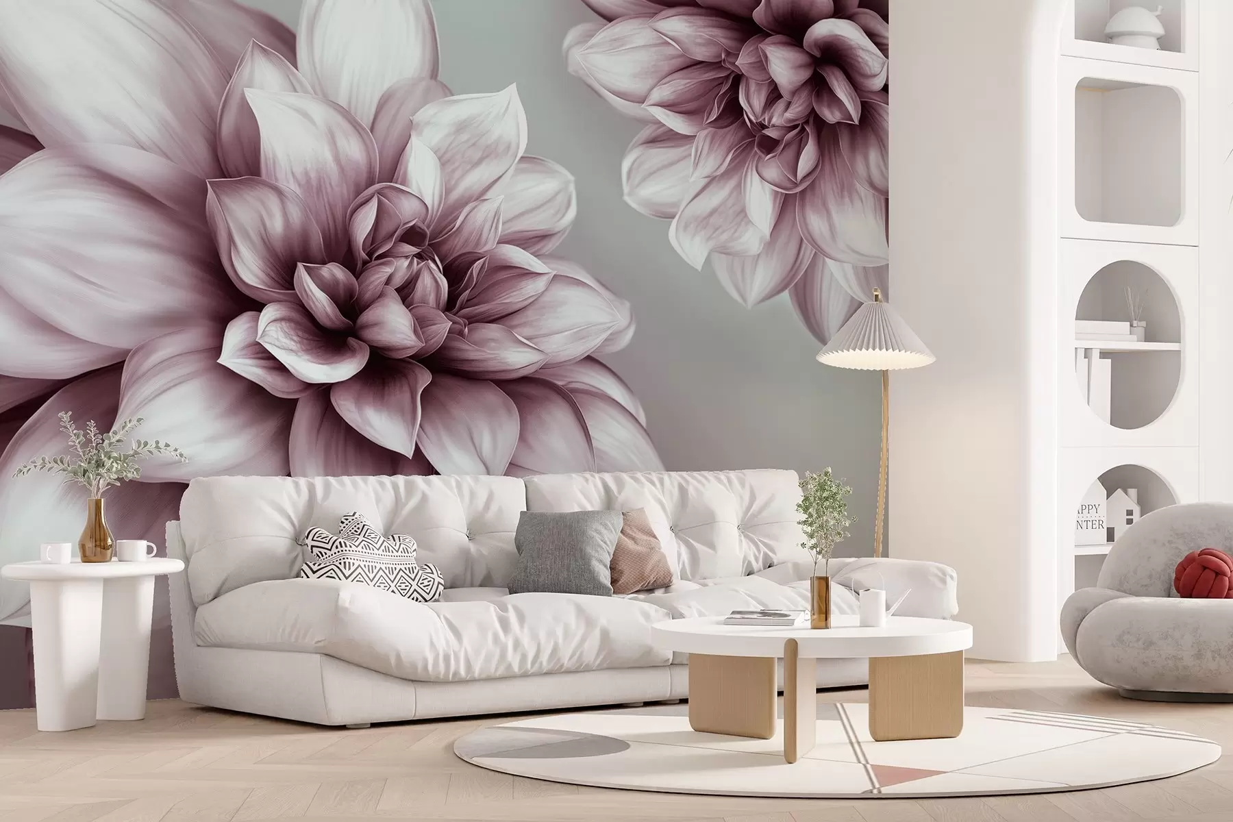 murales de pared Flores voluminosas con muchos pétalos, representadas en gradaciones de tonos rosados w01937v1