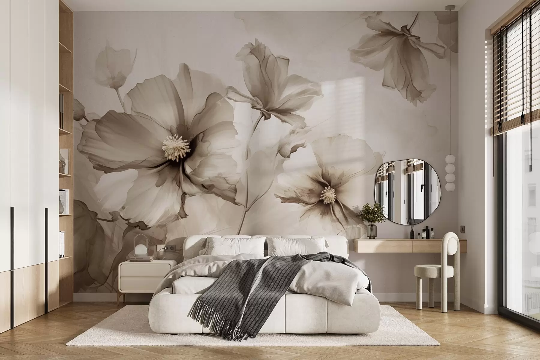 murales de pared Aireadas flores de color beige translúcido que se disuelven en la luz de la mañana w01938v1