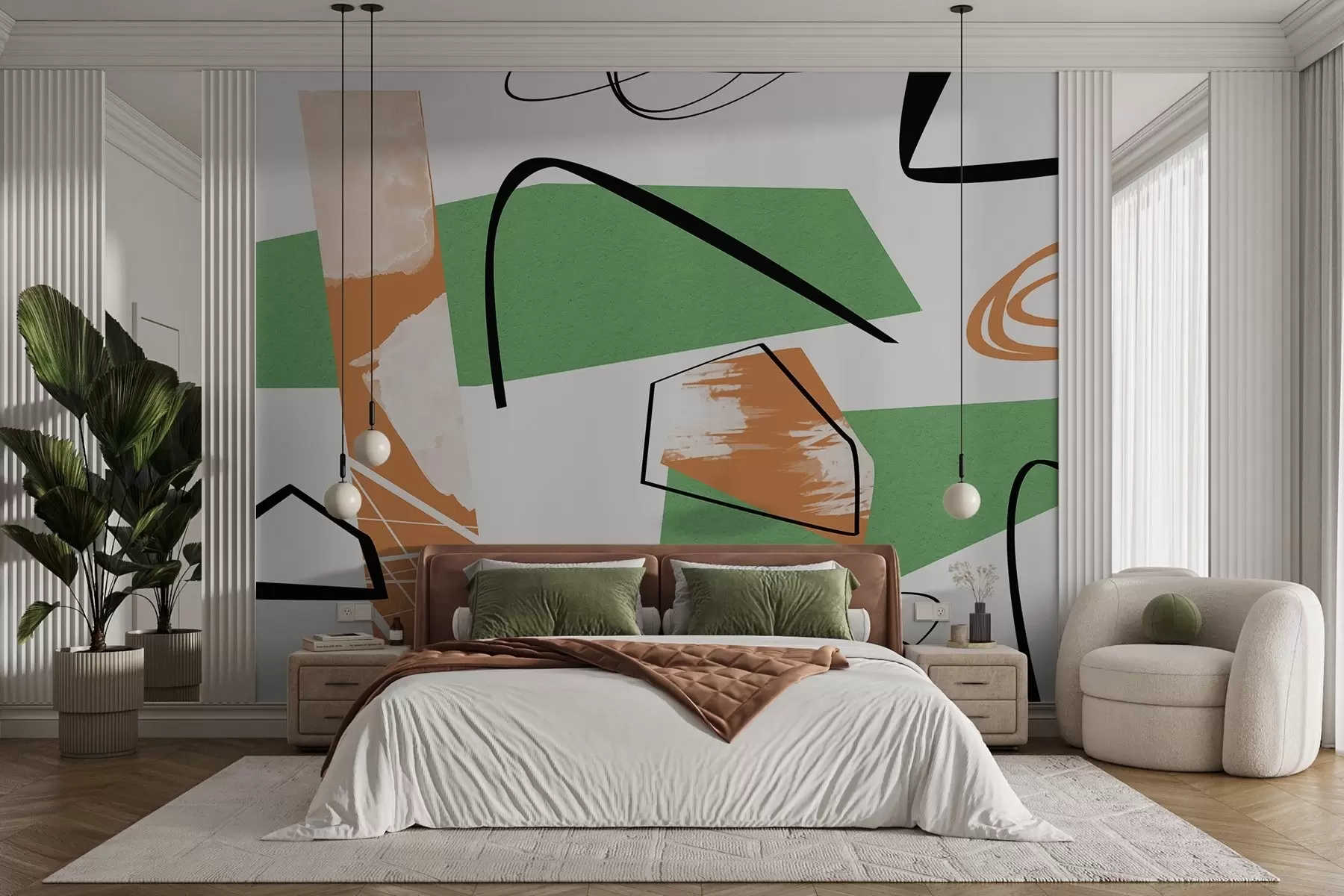 murales de pared Abstracción geométrica con elementos de textura, color naranja, verde w01943v2