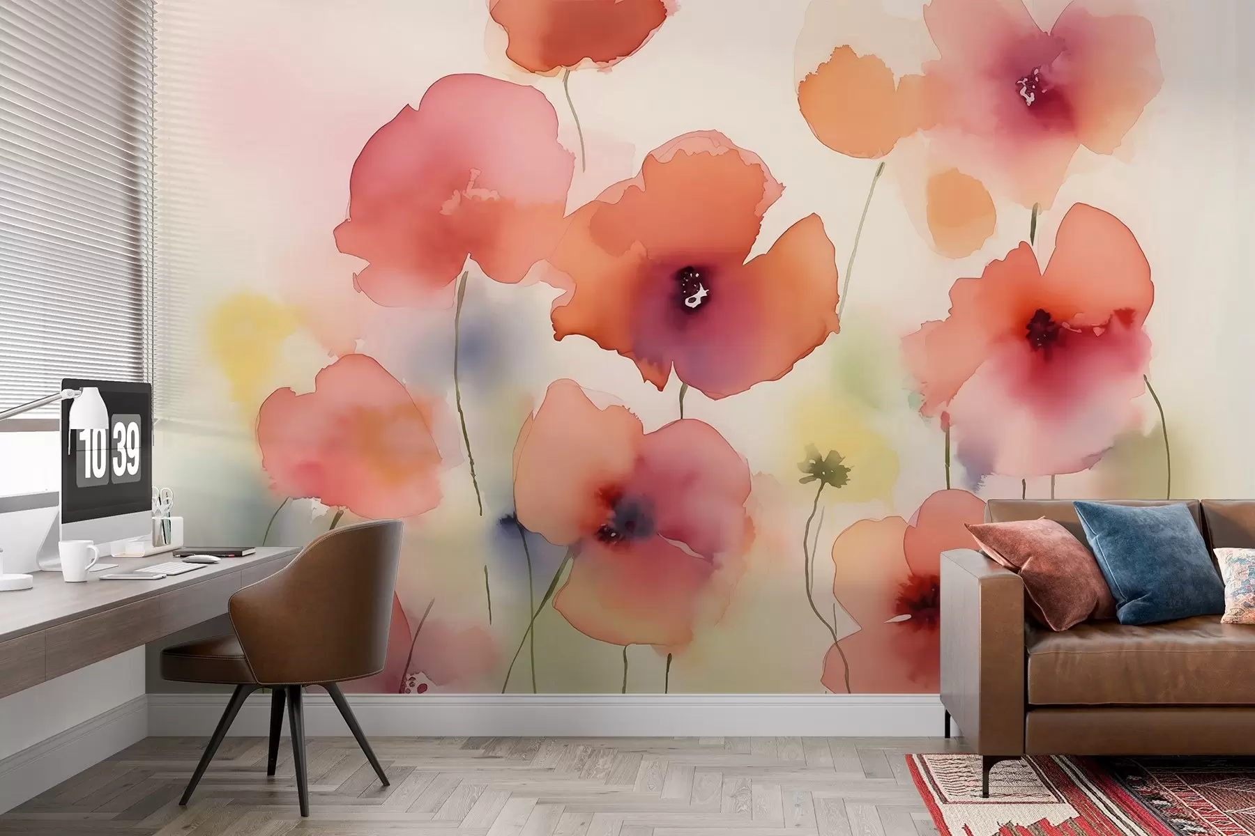 murales de pared Flores de color rosa rojo borrosa estilo acuarela húmeda w01947