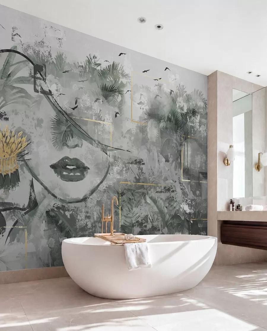 murales de pared Bosque tropical grunge y silueta de cara de niña w01916