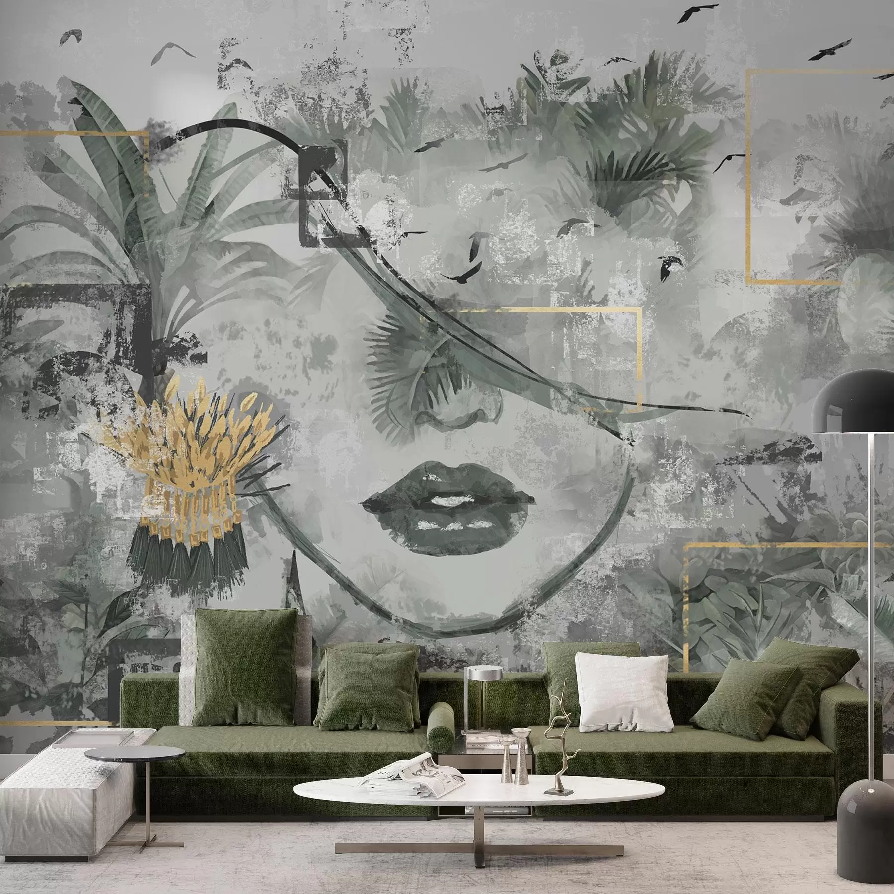 murales de pared Selva tropical grunge y silueta de la cara de una niña w01916d1