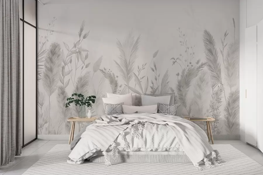 murales de pared Hierbas altas y flores de colores neutros w02004