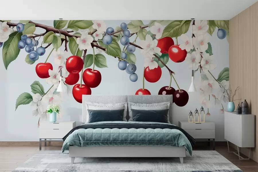 murales de pared Jardín de bayas: ramas con cerezas, arándanos y flores w01975
