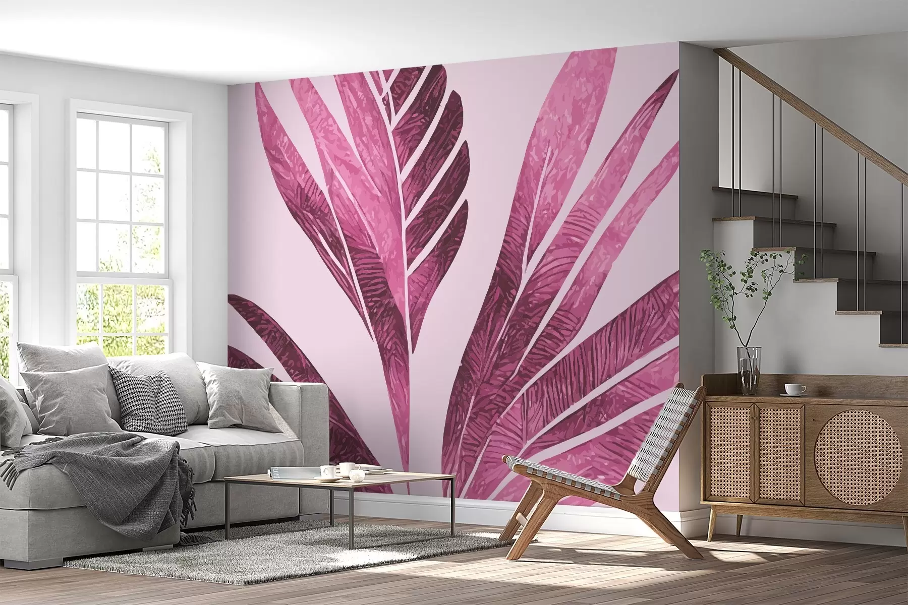 murales de pared hojas enormes de color rosa brillante w02018