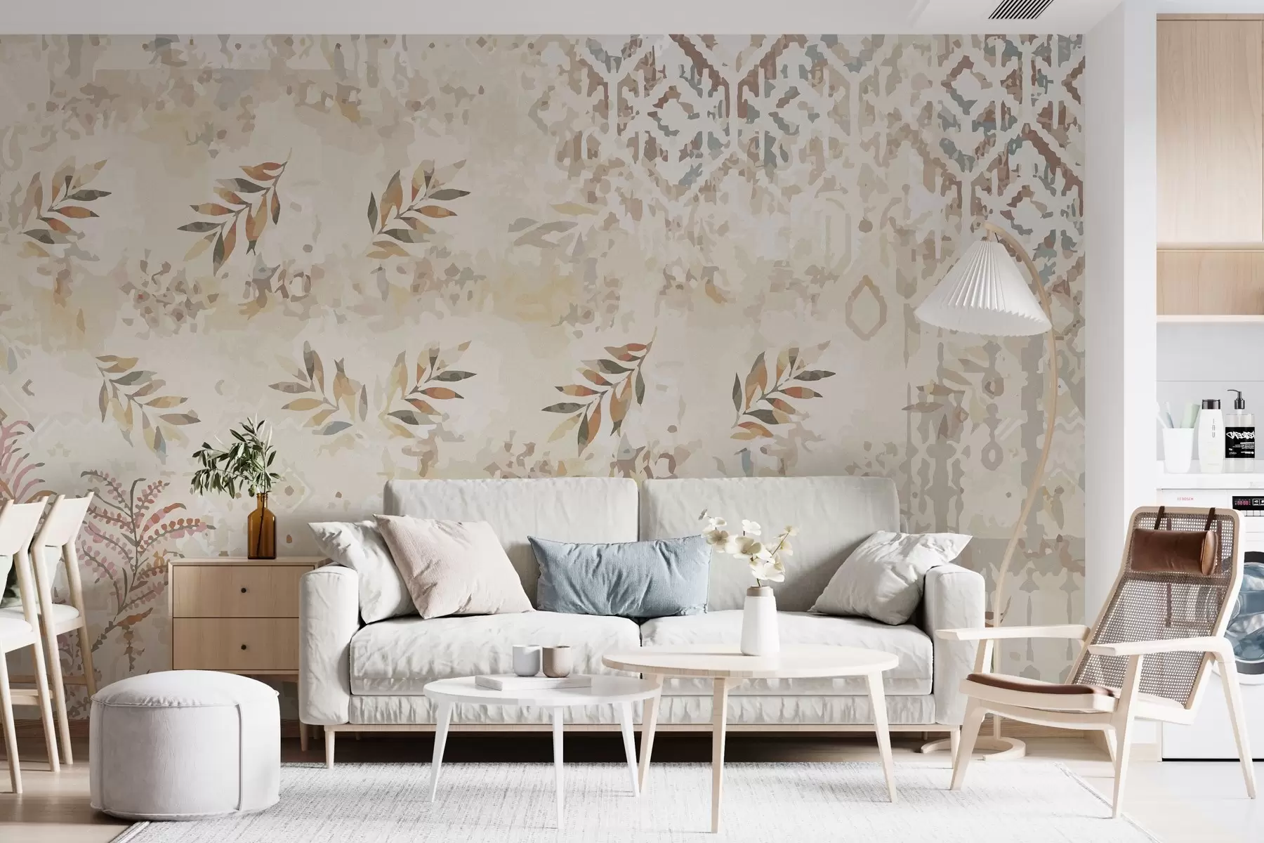 murales de pared papel pintado de estilo retro con motivos, elementos de abrasión, manchas y hojas, en colores beige w01955