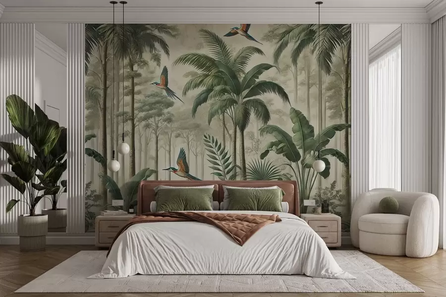 murales de pared Panorama con paisaje tropical y aves w01957