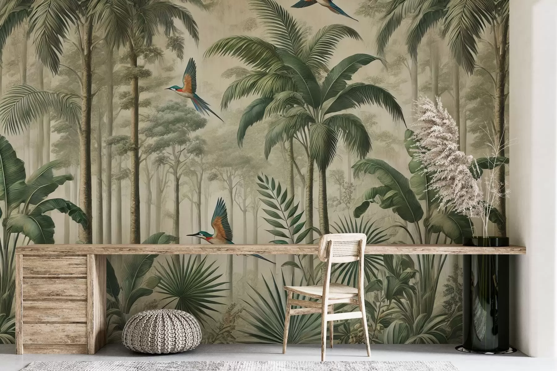 murales de pared Panorama con paisaje tropical y aves w01957