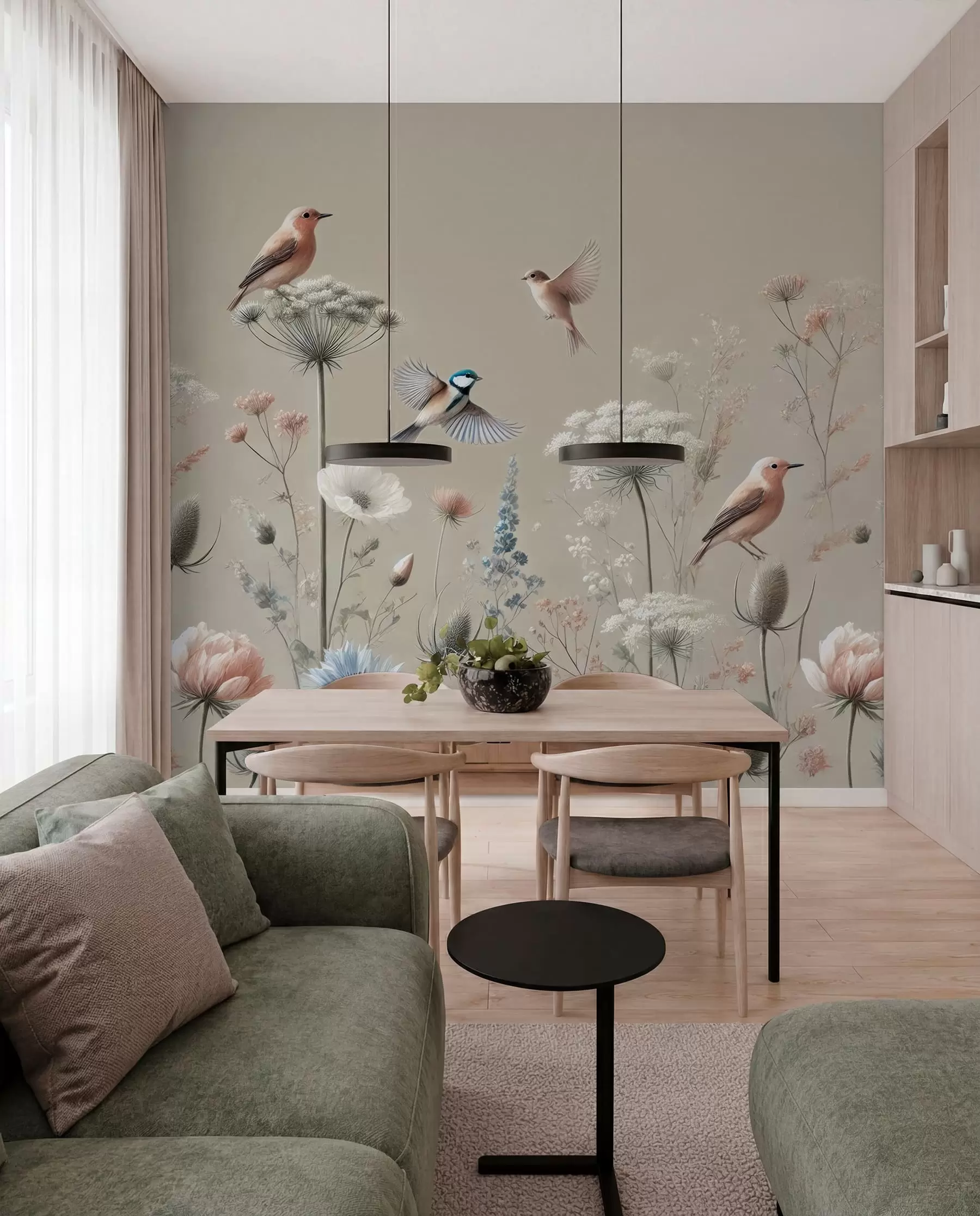 murales de pared Aves de pradera en beige suave w01958