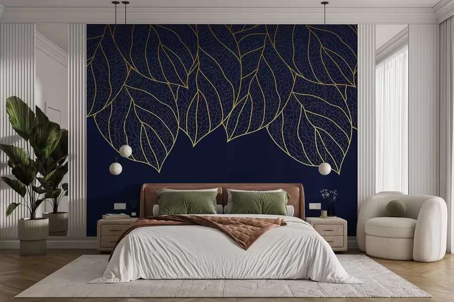 murales de pared Papel pintado minimalista siluetas de grandes hojas amarillas veteadas sobre fondo azul  w01960v3