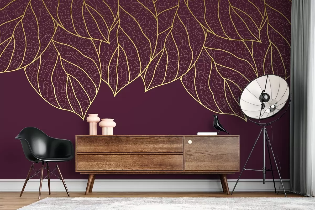 murales de pared Papel pintado minimalista siluetas de grandes hojas amarillas veteadas sobre fondo vino oscuro  w01960v4