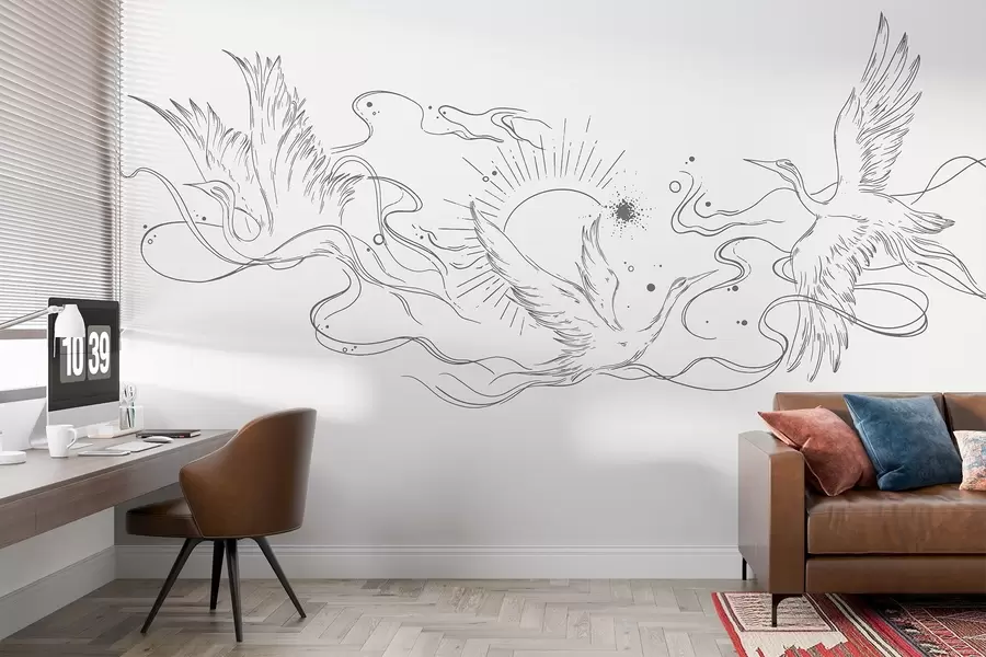 murales de pared Pájaros voladores, dibujo lineal, minimalismo, paleta de colores grises w02022v2