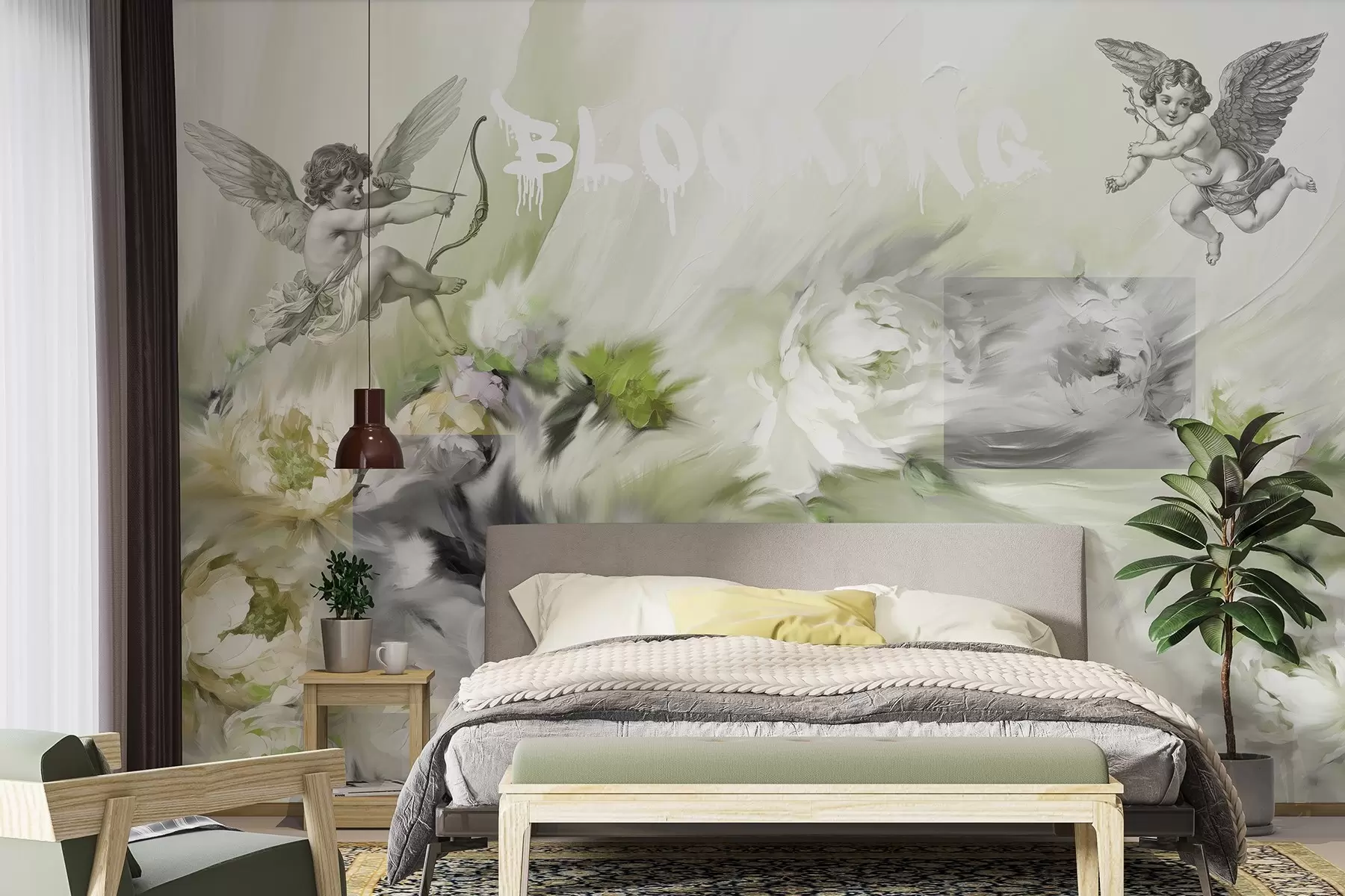 murales de pared Flores en flor, peonías, pequeños Cupidos con flechas, arte acrílico, colores verdes w02023v3