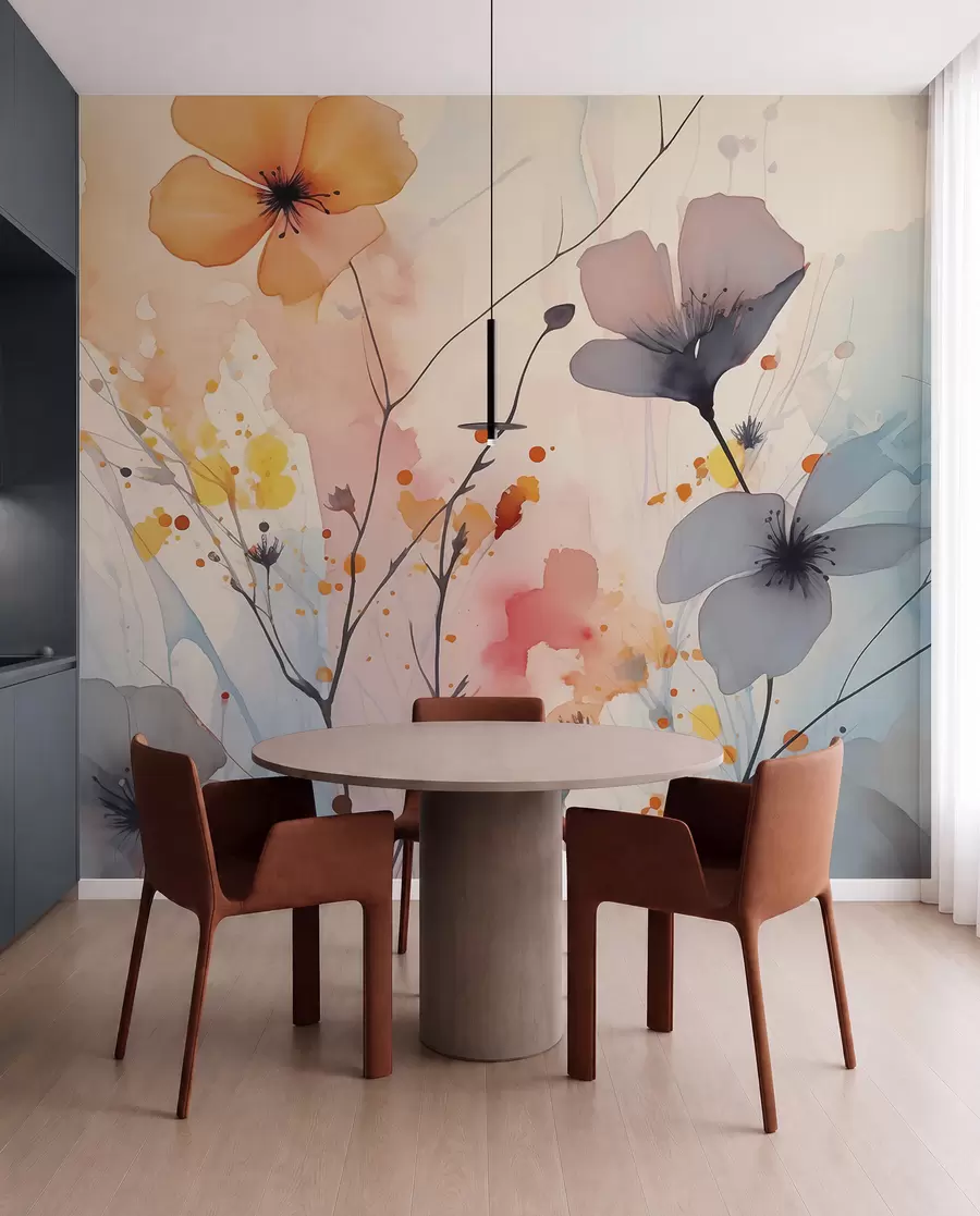 murales de pared Abstracto flores brillantes y ramas con salpicaduras de pintura acuarela húmeda w02049