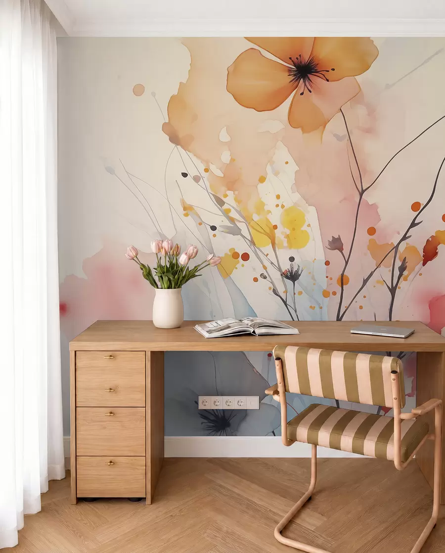 murales de pared Abstracto flores brillantes y ramas con salpicaduras de pintura acuarela húmeda w02049