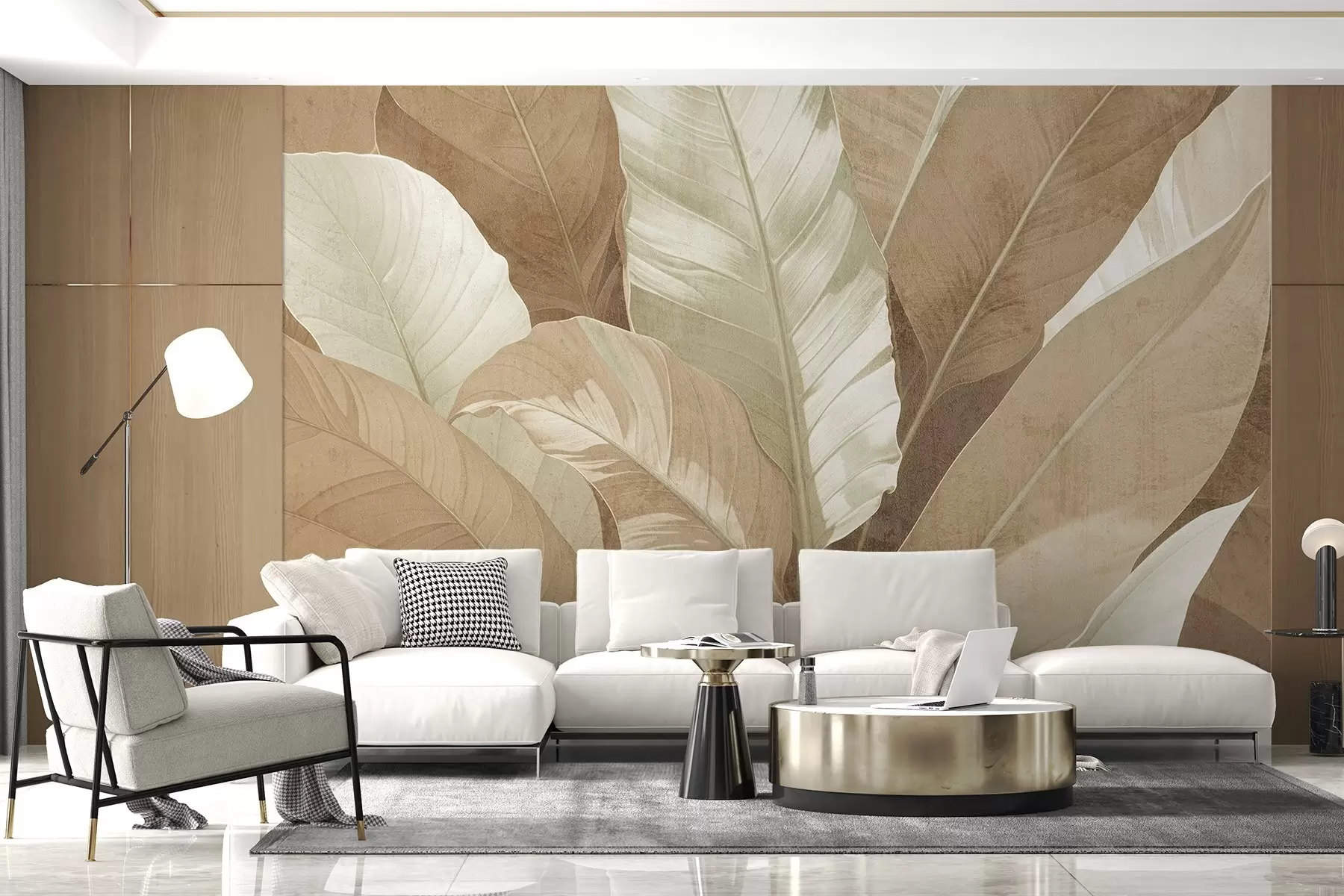 murales de pared Primer plano de grandes hojas tropicales decorativas, exuberantes y texturizadas, en tonos marrones y beige w08373v1
