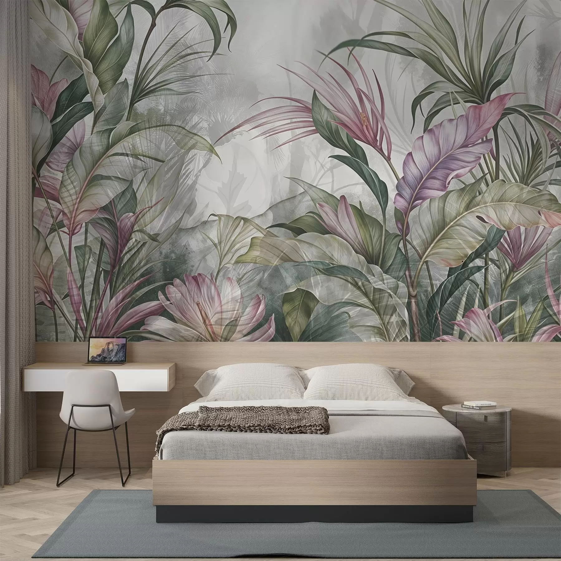 murales de pared Selva tropical con grandes hojas verdes y flores de protea rosa con fondo borroso texturizado w08375