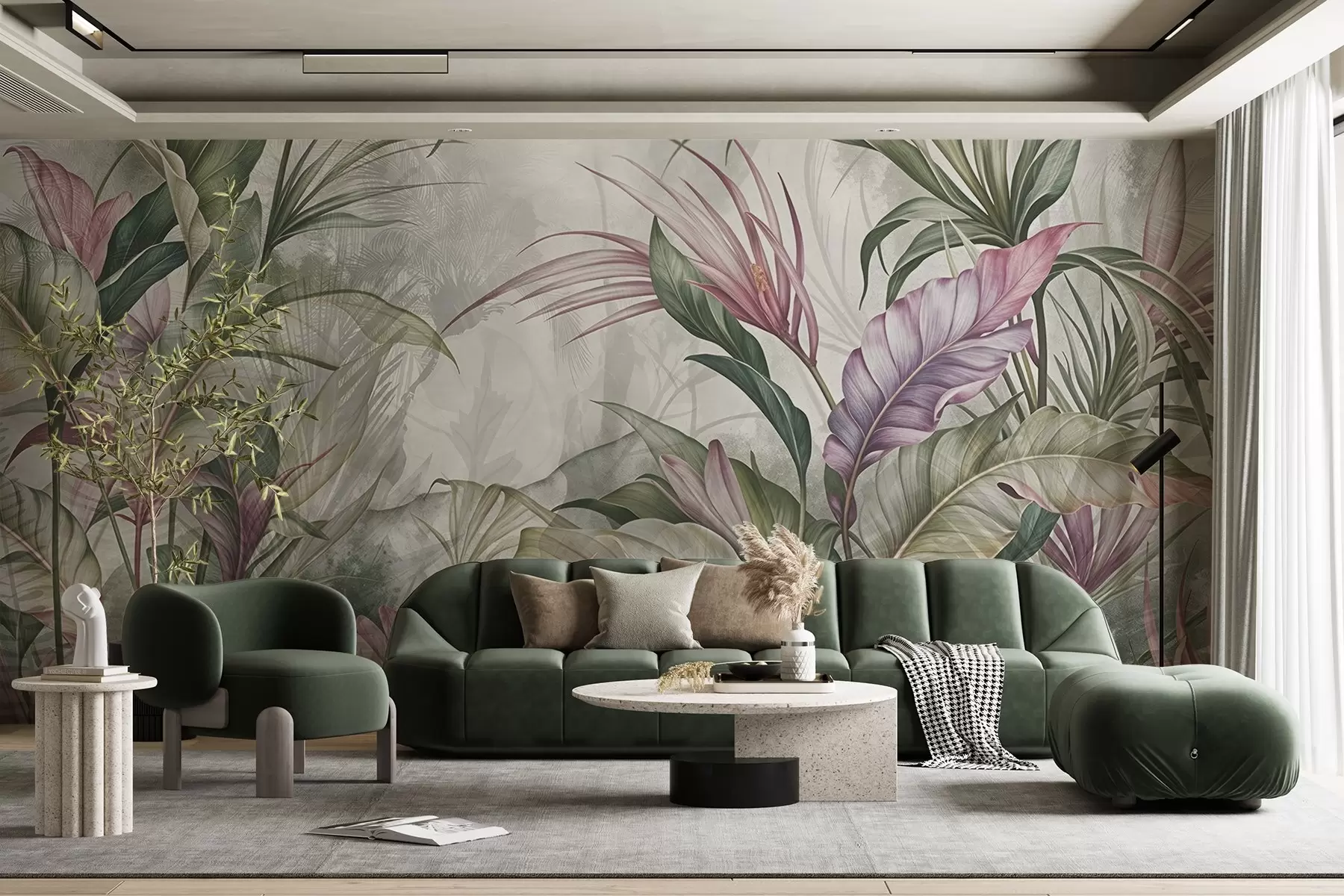 murales de pared Selva tropical con grandes hojas verdes y flores de protea rosa con fondo borroso texturizado w08375