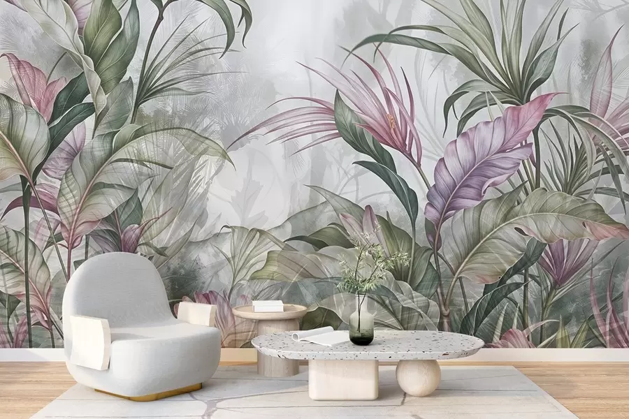 murales de pared Selva tropical con grandes hojas verdes y flores de protea rosa con fondo borroso texturizado w08375