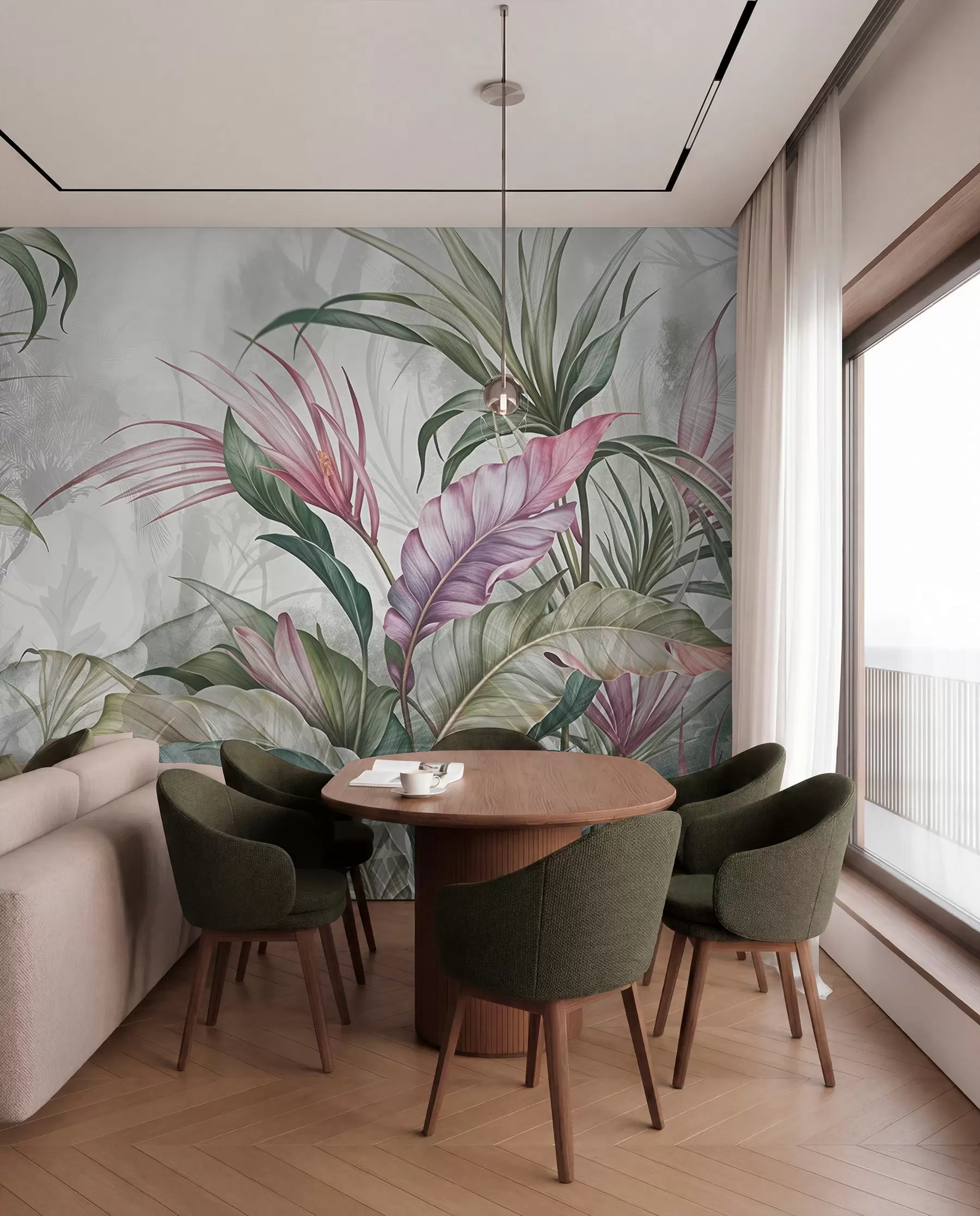 murales de pared Selva tropical con grandes hojas verdes y flores de protea rosa con fondo borroso texturizado w08375
