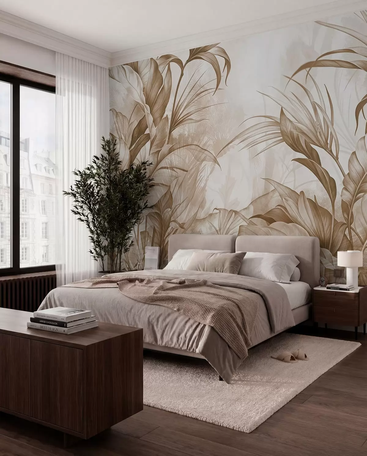 murales de pared Selva tropical con grandes flores de protea de color marrón y beige con fondo de textura borrosa w08375v2
