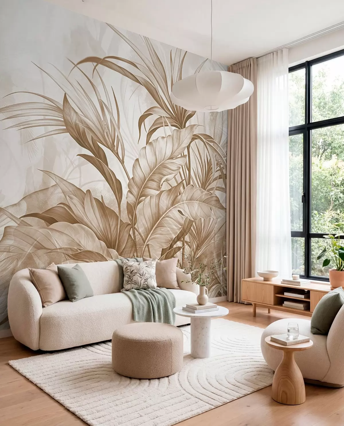 murales de pared Selva tropical con grandes flores de protea de color marrón y beige con fondo de textura borrosa w08375v2
