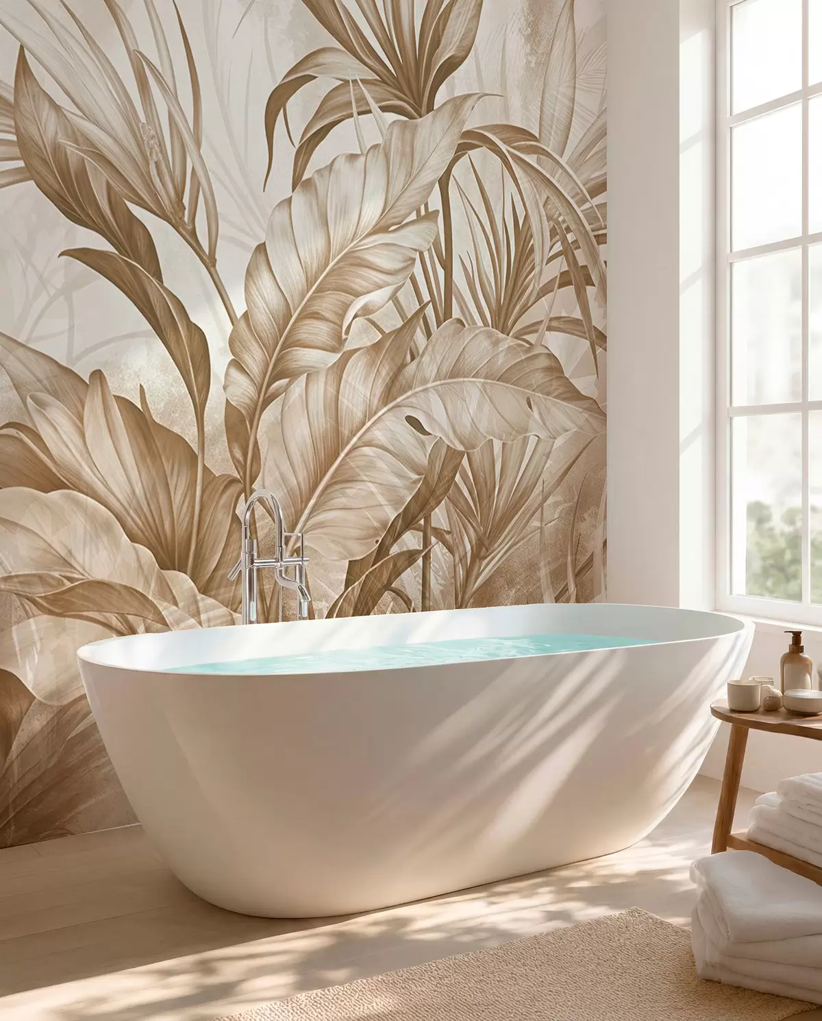 murales de pared Selva tropical con grandes flores de protea de color marrón y beige con fondo de textura borrosa w08375v2