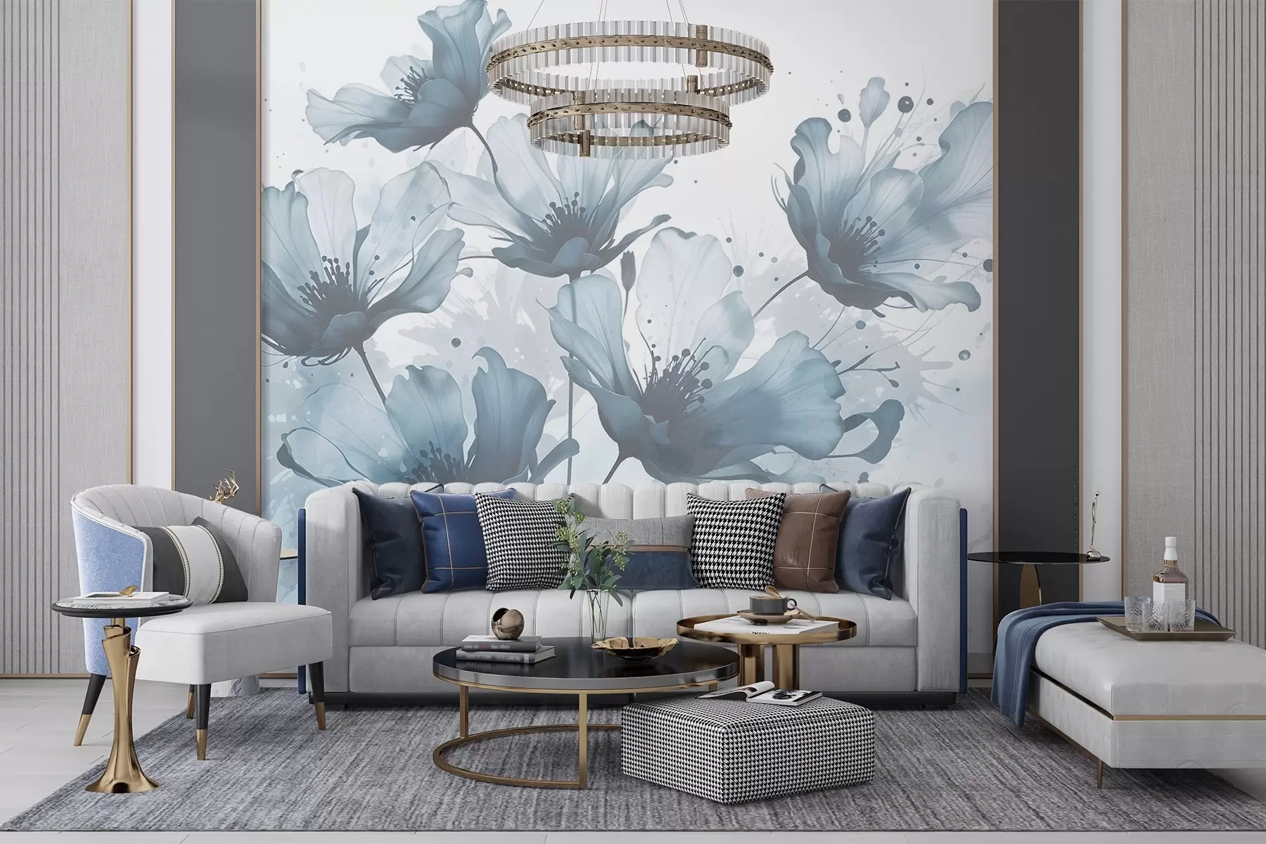 murales de pared Delicadas flores azules con suaves pétalos difuminados y salpicaduras de acuarela sobre un fondo claro w08376