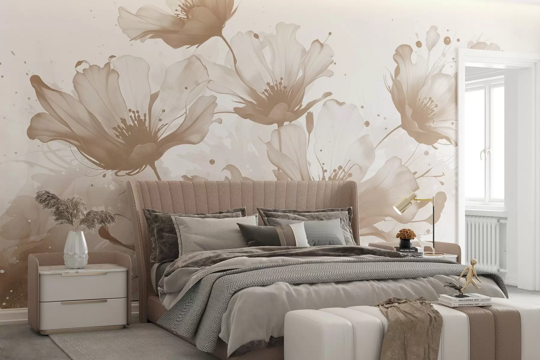 murales de pared Delicadas flores marrones con pétalos suaves y difuminados y salpicaduras de acuarela sobre un fondo claro w08376v1