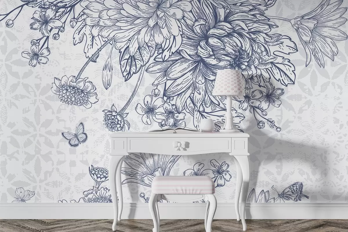 murales de pared Estampado floral azul y blanco con grandes flores de crisantemo, flores más pequeñas, hojas y mariposas w08386