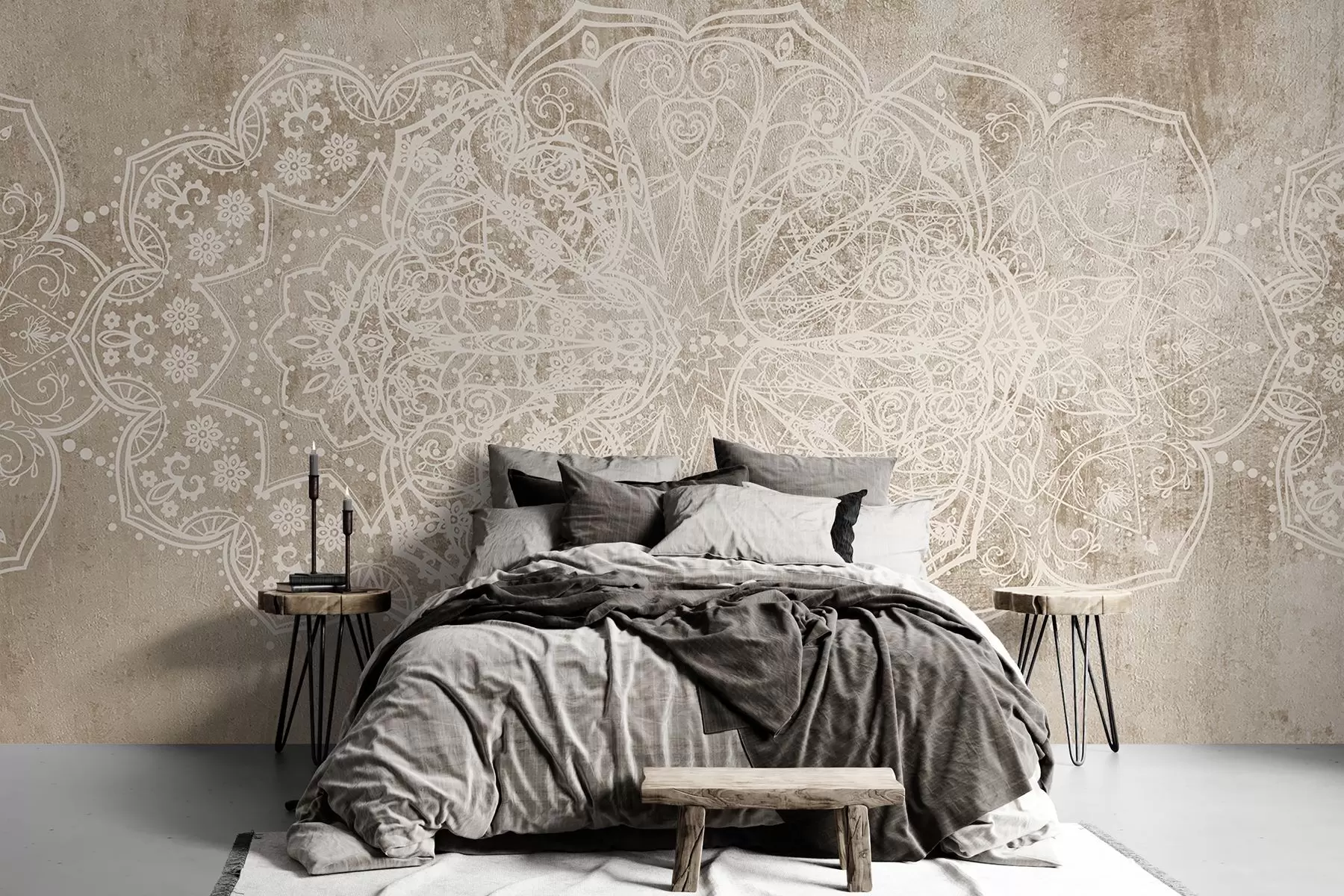 murales de pared Un detallado e intrincado dibujo de mandala de encaje blanco sobre un fondo de pared de color marrón beige con textura de loft w08387v1