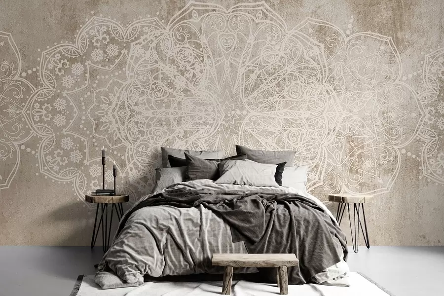 murales de pared Un detallado e intrincado dibujo de mandala de encaje blanco sobre un fondo de pared de color marrón beige con textura de loft w08387v1