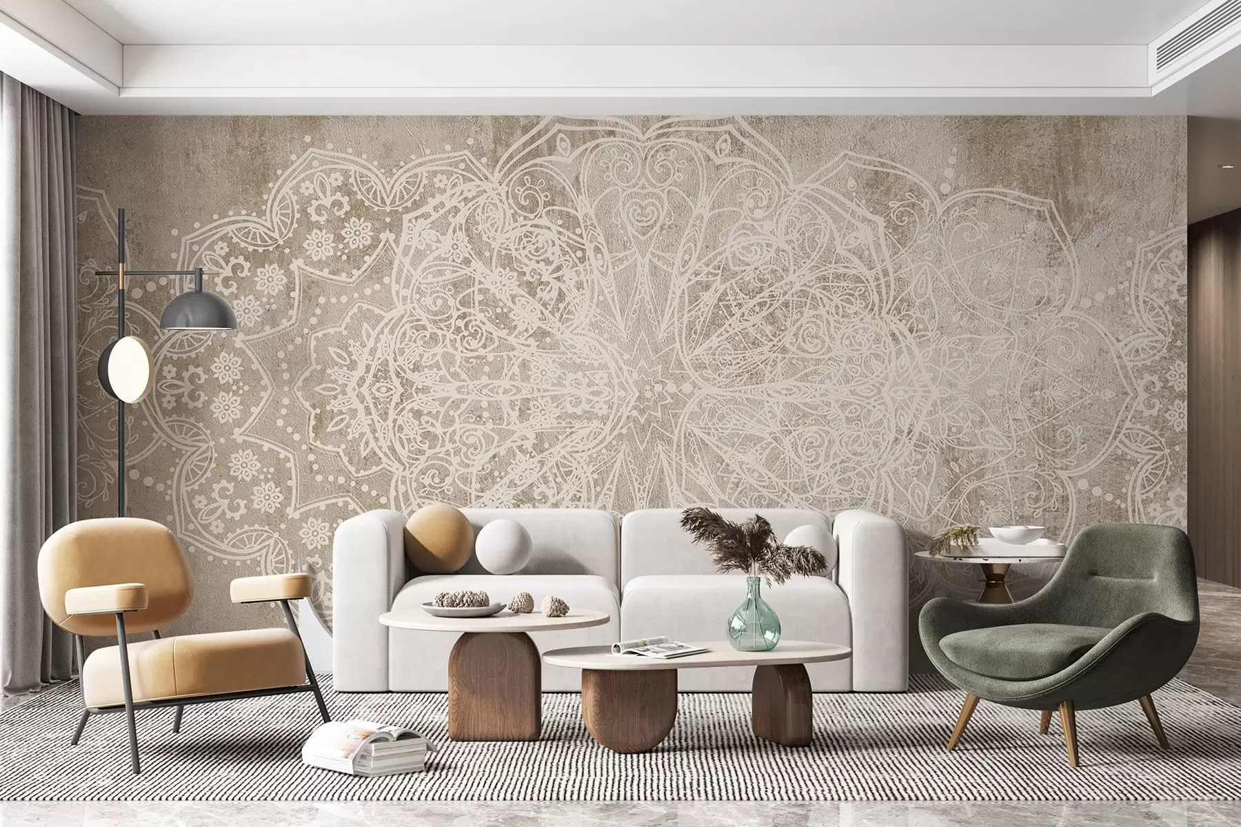murales de pared Un detallado e intrincado dibujo de mandala de encaje blanco sobre un fondo de pared de color marrón beige con textura de loft w08387v1