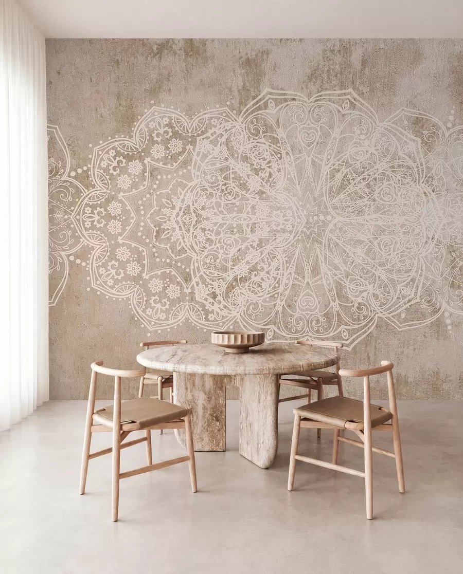 murales de pared Un detallado e intrincado dibujo de mandala de encaje blanco sobre un fondo de pared de color marrón beige con textura de loft w08387v1