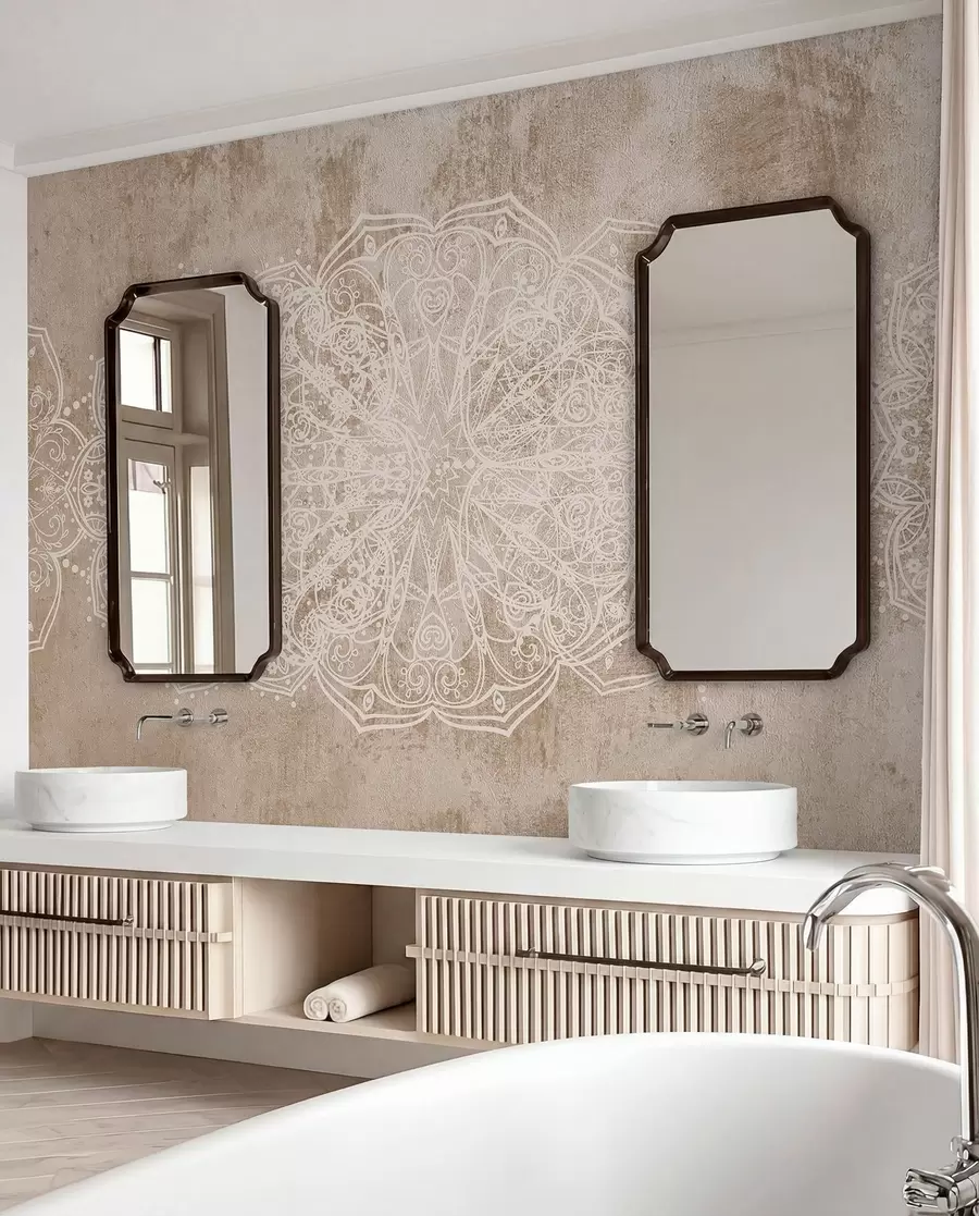 murales de pared Un detallado e intrincado dibujo de mandala de encaje blanco sobre un fondo de pared de color marrón beige con textura de loft w08387v1