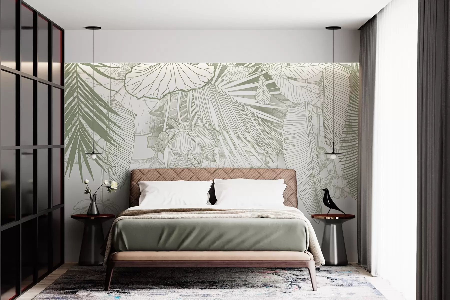 murales de pared Un primer plano de un estampado floral verde con grandes pétalos y hojas superpuestas en un color monocromo w08389v1