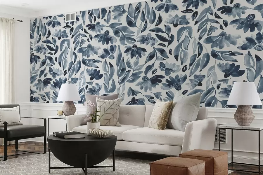 murales de pared Elegante motivo floral en tonos azules u99457