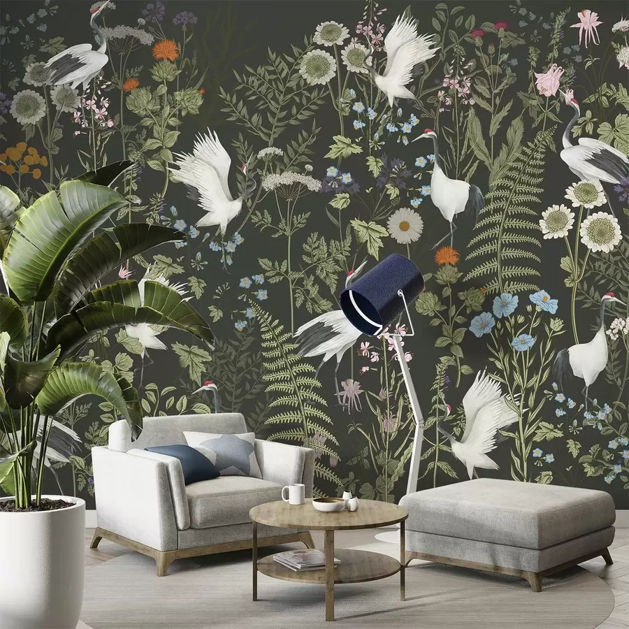 murales de pared Grullas bailando entre flores vibrantes w00380v2