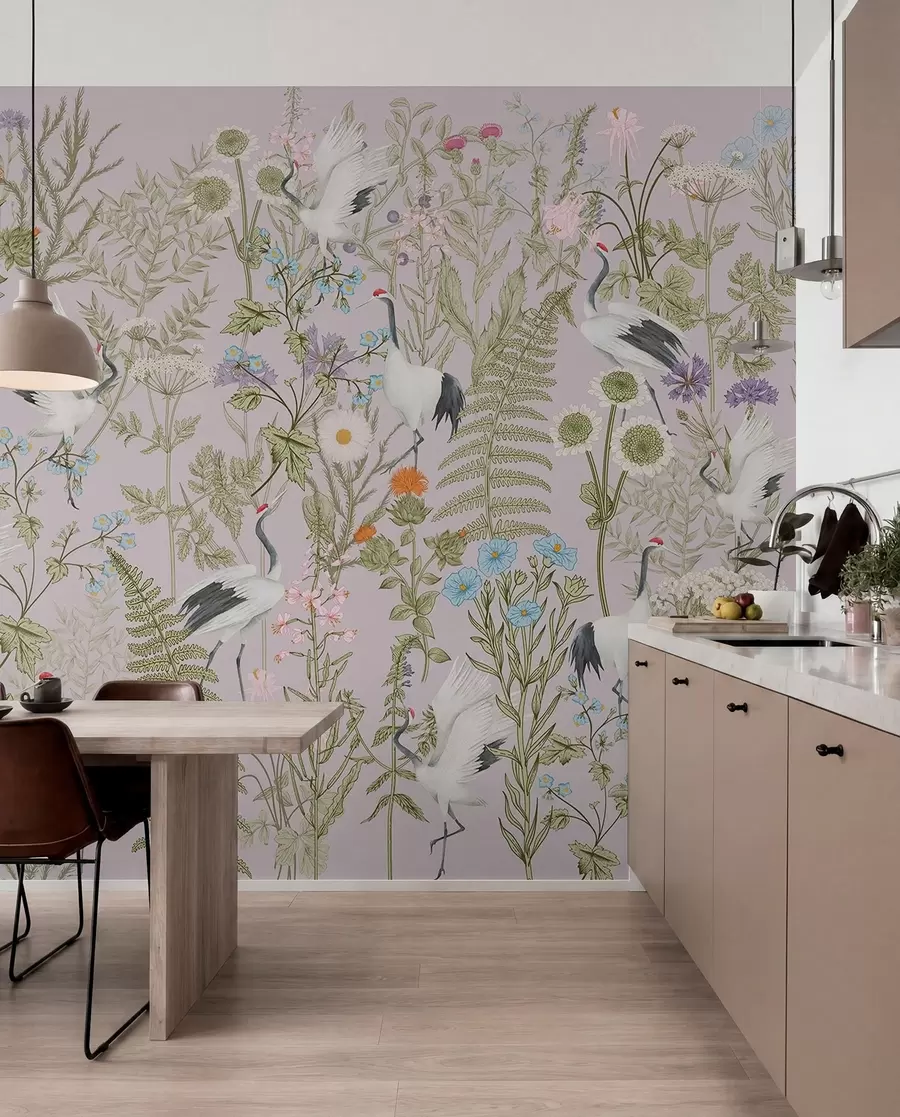 murales de pared Elegantes grullas entre flores vibrantes w00380v3