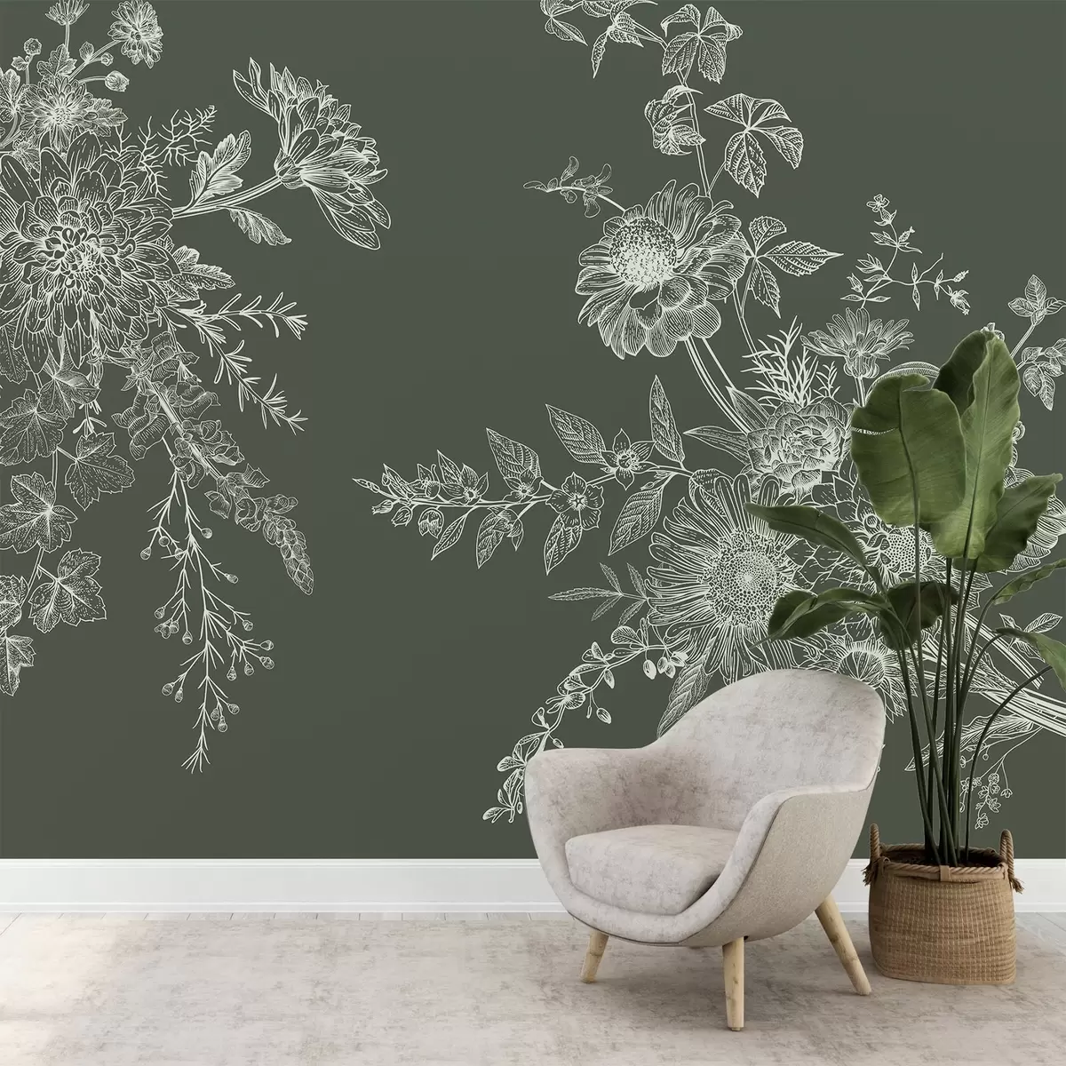 murales de pared Elegantes esbozos florales sobre fondo oscuro w00381
