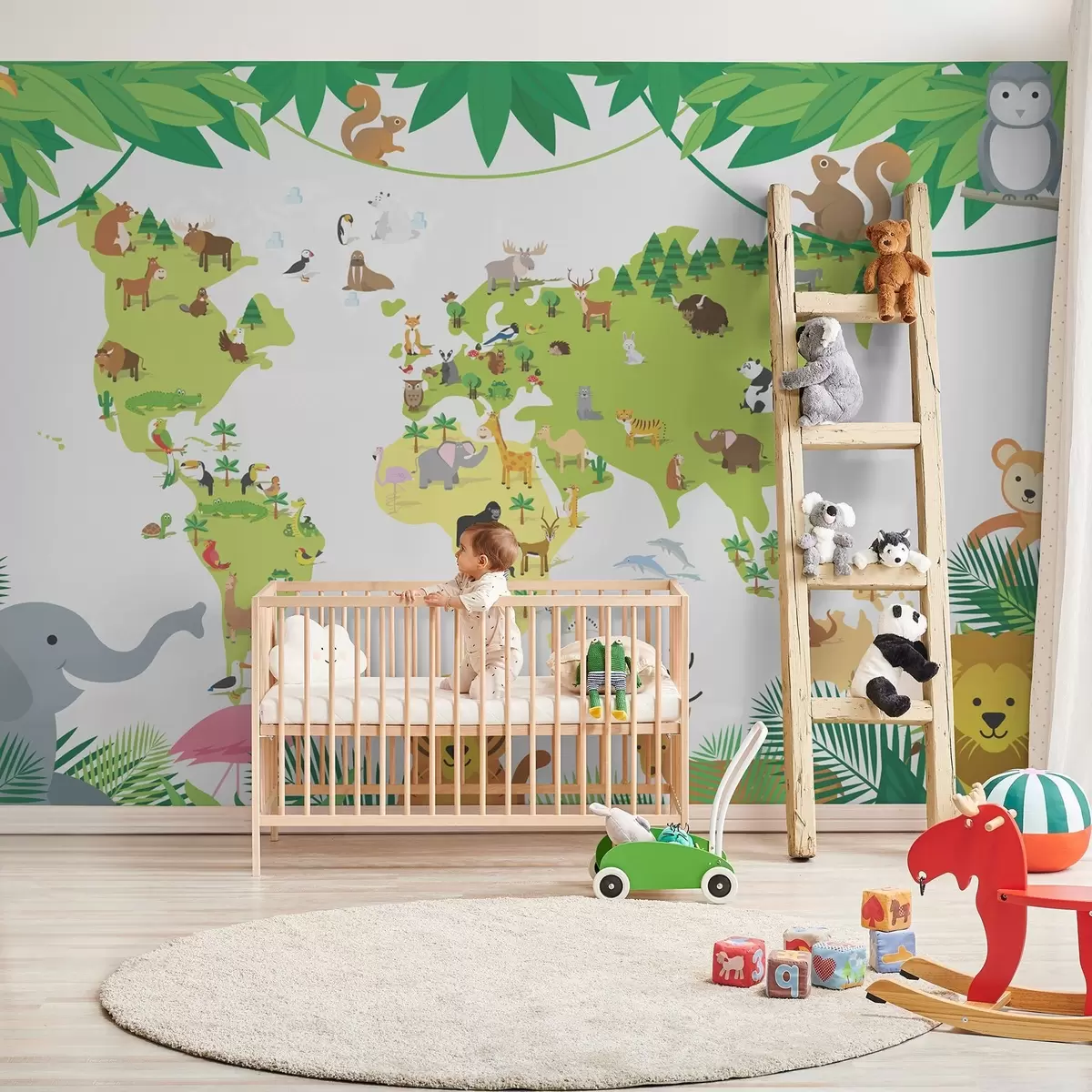 murales de pared Mapamundi con fauna diversa w00400