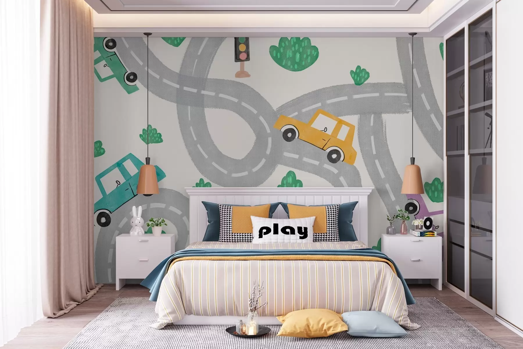 murales de pared Coches de colores en una carretera sinuosa w00599