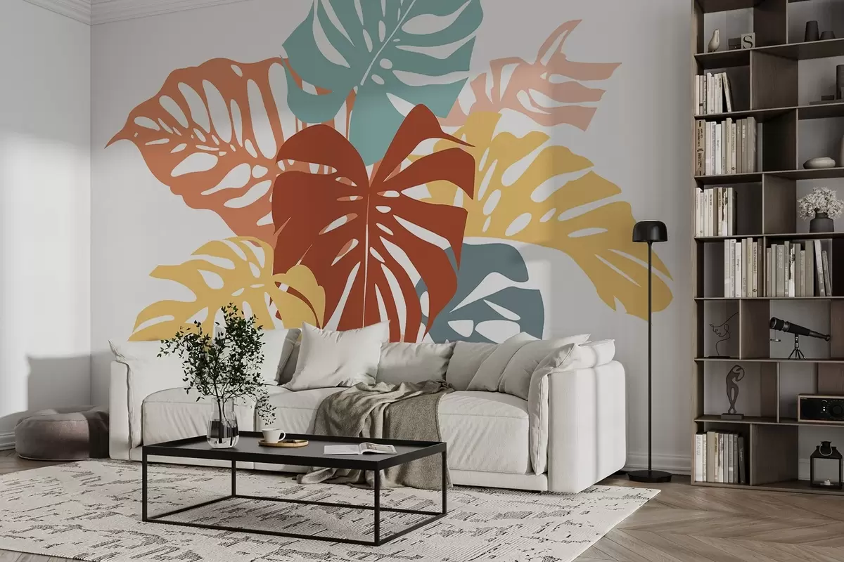 murales de pared Diseño de ilustración de hojas tropicales de colores w00674