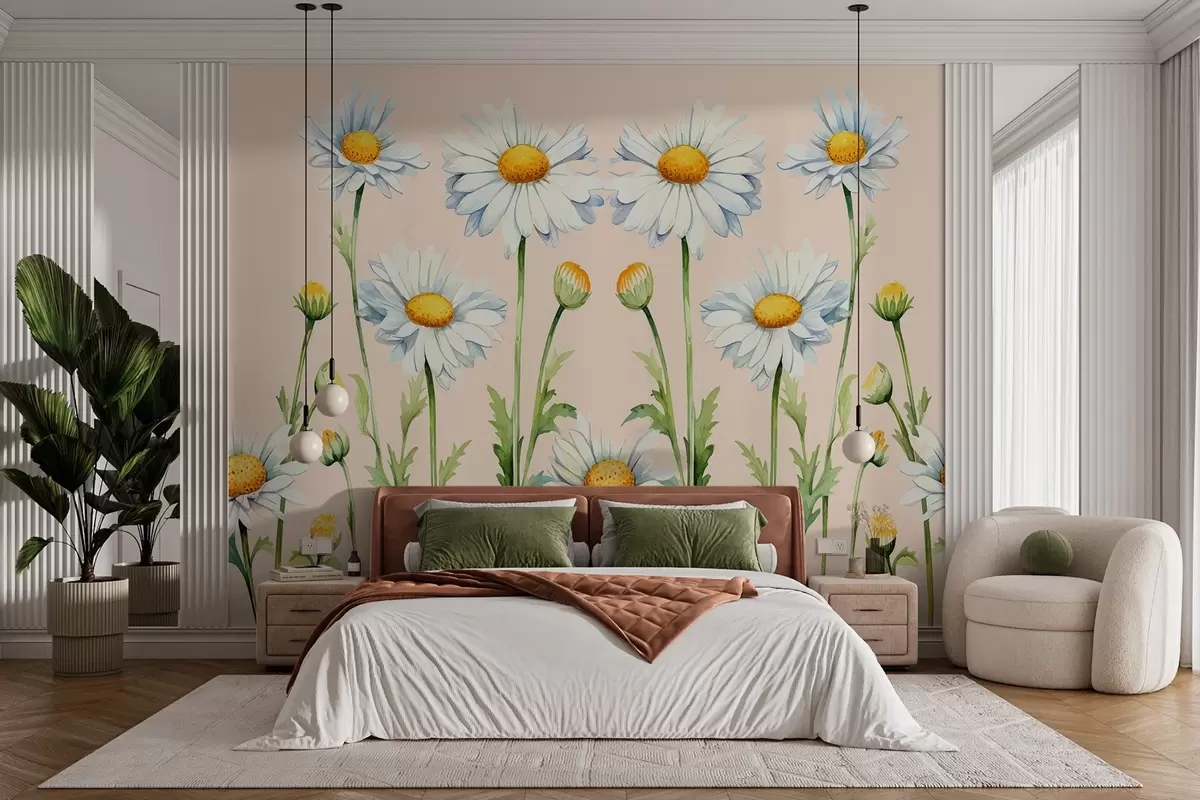 murales de pared Delicadas margaritas en suaves tonos pastel w00716