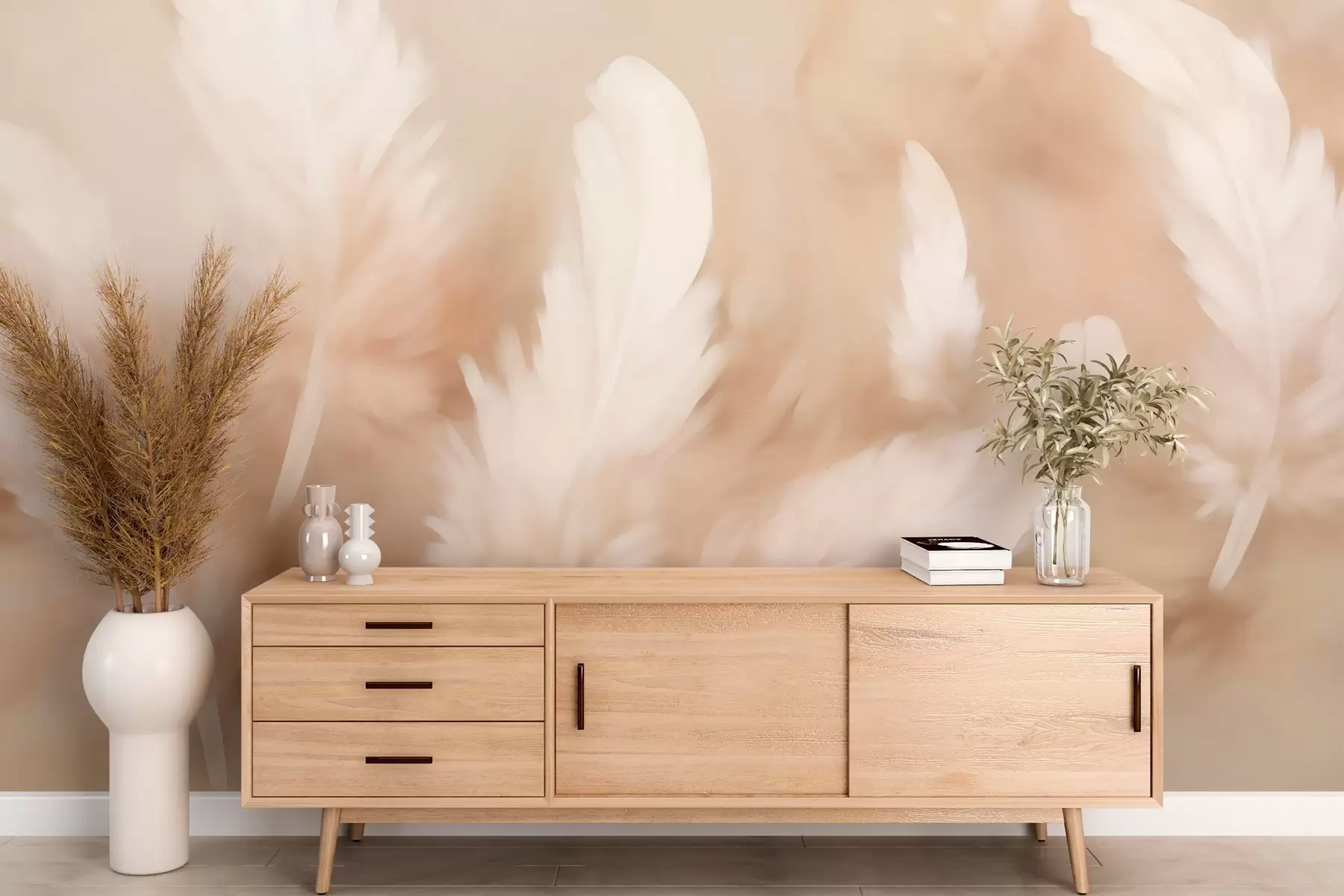murales de pared Plumas vaporosas en suaves tonos beige w02032